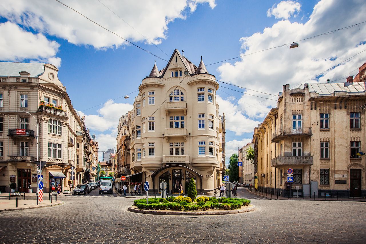 Buildings and cobbled streets in Lviv, Ukraine