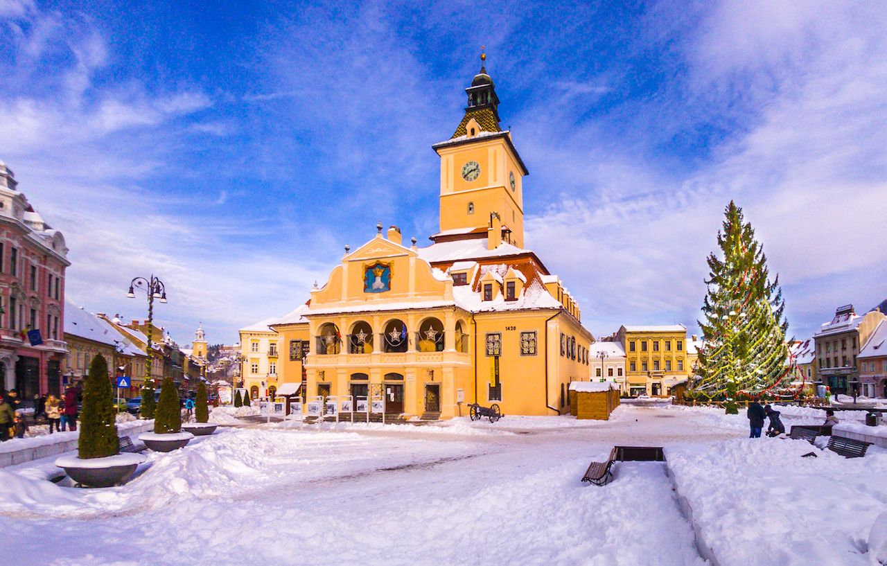 Christmas market and decorations tree in the main center of Brasov city in Romania